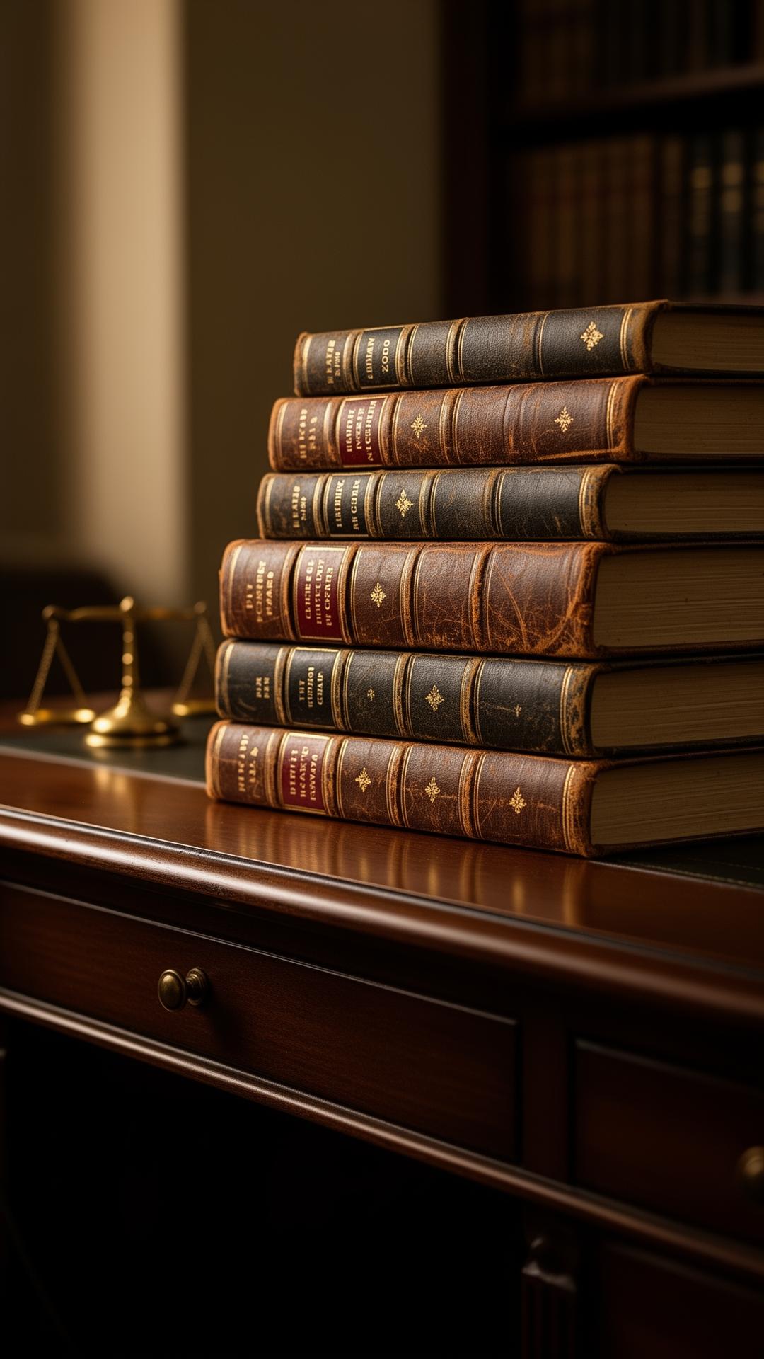 Antique law books on a wooden desk